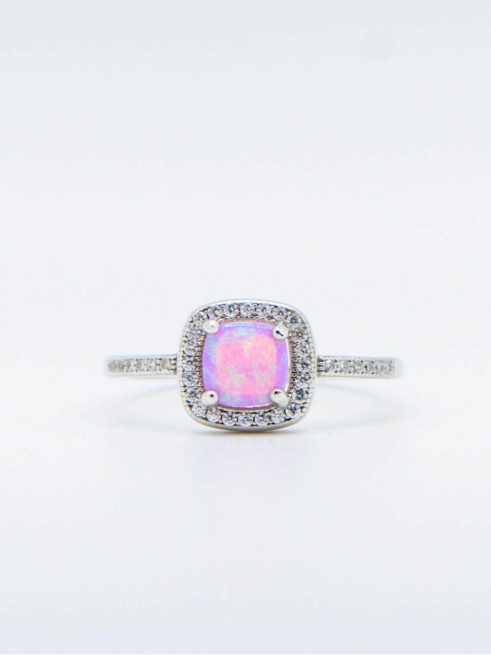 Sterling Silver Pink Opal Halo Ring - Women Jewelry. Size 8